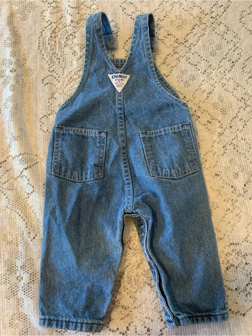 Oshkosh B’gosh Distressed Denim Blue Jean USA Made Toddler Overalls 6/9 months